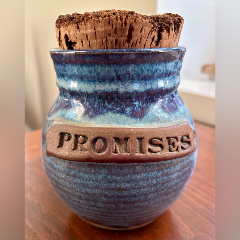 Vintage handmade cork lid pottery jar container “promises” EUC